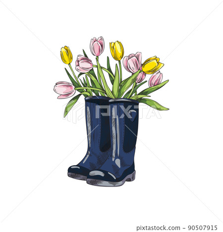 Hand drawn rubber boots with tulips inside, sketch vector illustration isolated on white background. Hand drawn rubber boots with tulips inside, sketch vector illustration isolated on white background. 90507915