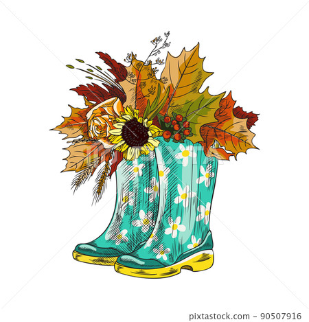 Wellies boots with autumn leaves and sunflower, vector illustration isolated. Wellies boots with autumn leaves and sunflower, vector illustration isolated. 90507916