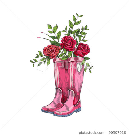 Pair of pink welly rubber boots with roses inside, sketch style Pair of pink welly rubber boots with roses inside, sketch style 90507918