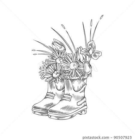 Hand drawn rubber welly boots with different flowers and grass inside 90507923