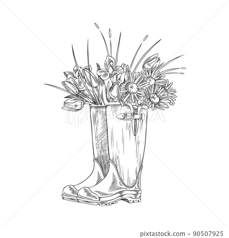 Hand drawn rubber welly boots with bouquet of tulips and chamomiles inside, sketch style Hand drawn rubber welly boots with bouquet of tulips and chamomiles inside, sketch style 90507925