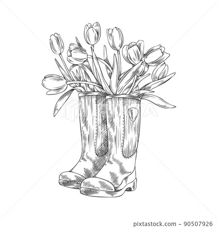 Welly Rubber boots with tulips, hand-drawn monochrome sketch, vector illustration. Welly Rubber boots with tulips, hand-drawn monochrome sketch, vector illustration. 90507926