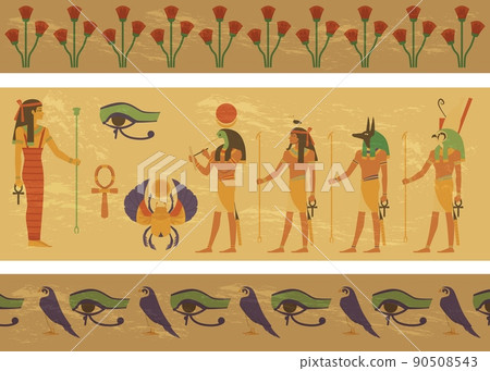 Papyrus with image of Egypt gods, ankh and scarab flat style 90508543