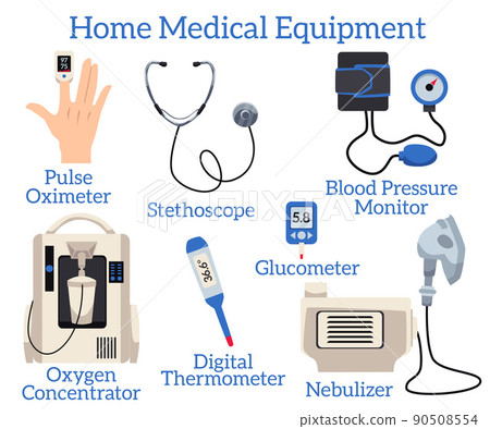 Set of home medical equipment with titles flat style 90508554