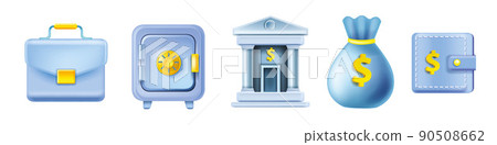 3D bank icon set, vector business finance money illustration, payment wallet, locked safe money sack 90508662