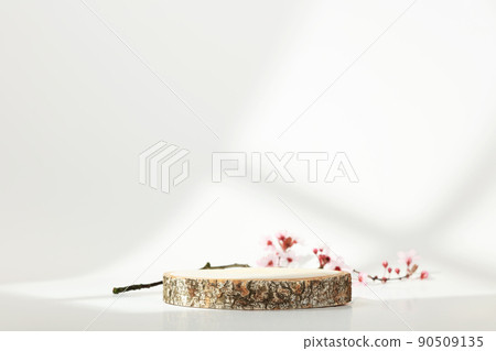 Minimal modern product display on white background. Wood slice podium and spring brunches Minimal modern product display on white background. Wood slice podium and spring brunches 90509135