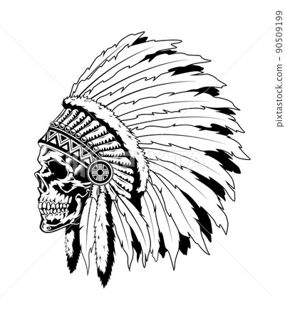 Vintage monochrome highly detailed illustration of Indian skull with feathers. Isolated vector template 90509199