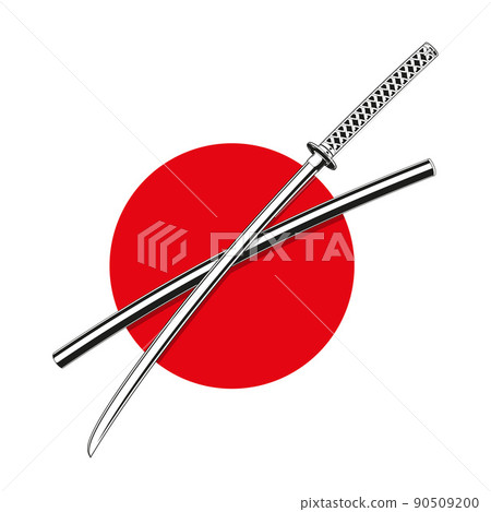 Vintage monochrome japanese sword illustration. Isolated vector template 90509200