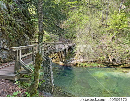 Hiking trail with wooden bridges over river Kamacnik, Gorski kotar, Croatia 90509370