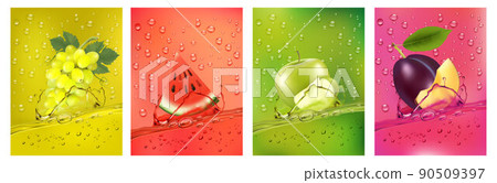 Fresh fruits juice splashing together- pear, apple, plum, watermelon juice drink splashing. 3d fresh fruits. Vector illustration 90509397