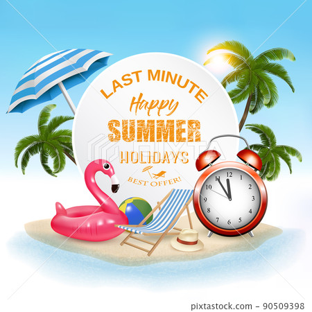 Last Minute. Summer vacation background. with Travel items on the beach. Vector. Last Minute. Summer vacation background. with Travel items on the beach. Vector. 90509398