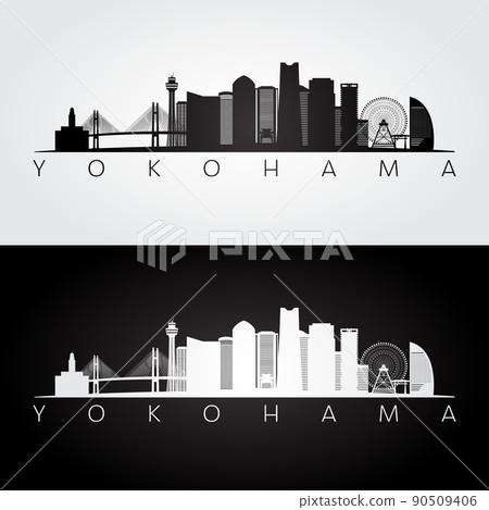 Yokohama skyline and landmarks silhouette 90509406