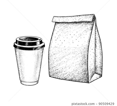 Illustration of take away coffee cup and paper bag Illustration of take away coffee cup and paper bag 90509429