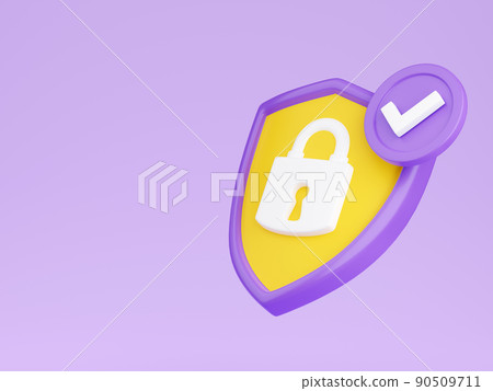 Shield with padlock 3d render - security and safety concept with closed lock on shield and checkmark. 90509711