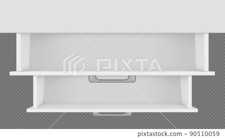 Top view of two white empty open drawers of cabinet, cupboard or nightstand 90510059