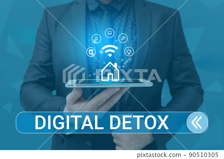 Handwriting text Digital Detox. Concept meaning Free of Electronic Devices Disconnect to Reconnect Unplugged Man holding Screen Of Mobile Phone Showing The Futuristic Technology. 90510305