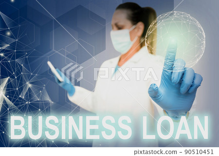 Conceptual display Business Loan. Word for Credit Mortgage Financial Assistance Cash Advances Debt Nurse in uniform pointing upwards represents global innovative thinking. 90510451