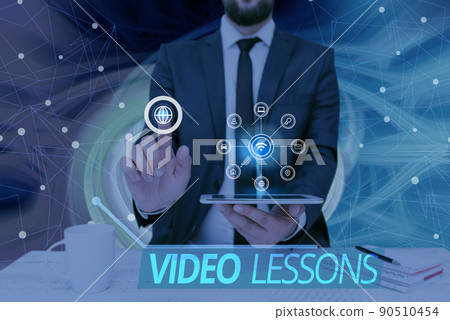 Text showing inspiration Video Lessons. Business concept Online Education material for a topic Viewing and learning Man holding Screen Of Mobile Phone Showing The Futuristic Technology. 90510454