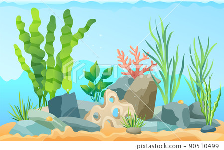 Seascape Rocks and Plants Vector Illustration 90510499