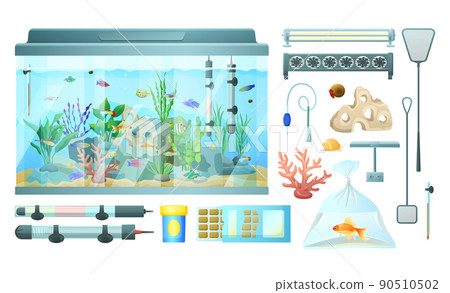 Aquarium and Its Elements Isolated on White Banner 90510502
