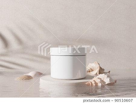 White and blank, unbranded cosmetic cream jar with leaves shadows, water and sea shells. Skin care product presentation. Elegant mockup. Skincare, beauty and spa. Jar with copy space. 3D rendering. 90510607