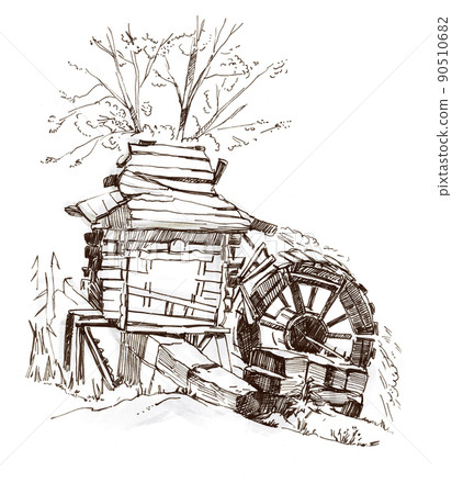 Sketches of an old wooden water mill. Drawing with pencil and liner 90510682