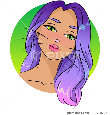 Cartoon Style Kitty Girl Avatar Character with Purple Hair. Vector Illustration 90510723