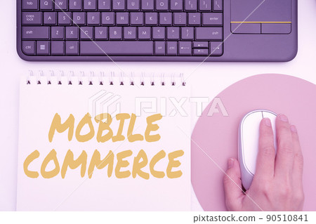 Inspiration showing sign Mobile Commerce. Internet Concept Using mobile phone to conduct commercial transactions online Office Supplies Over Desk With Keyboard And Glasses And Coffee Cup For Working Inspiration showing sign Mobile Commerce. Internet Concept Using mobile phone to conduct commercial transactions online Office Supplies Over Desk With Keyboard And Glasses And Coffee Cup For Working 90510841