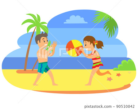 Kids in trunks playing ball, summertime holidays Kids in trunks playing ball, summertime holidays 90510842