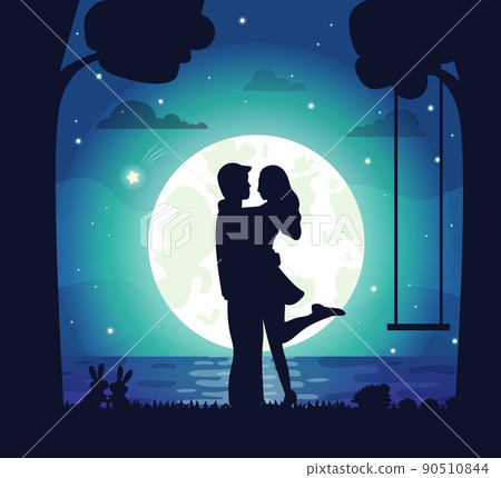 Man and Woman Standing Together at Night Vector 90510844