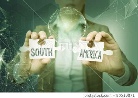 Conceptual display South America. Word Written on Continent in Western Hemisphere Latinos known for Carnivals Lady in suit holding puzzle piece symbolizing global innovative thinking. Conceptual display South America. Word Written on Continent in Western Hemisphere Latinos known for Carnivals Lady in suit holding puzzle piece symbolizing global innovative thinking. 90510871