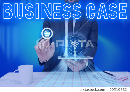 Text sign showing Business Case. Business idea Proposition Undertaking Verbal Presentation New Task Man holding Screen Of Mobile Phone Showing The Futuristic Technology. 90510882