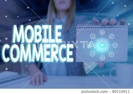 Handwriting text Mobile Commerce. Conceptual photo Using mobile phone to conduct commercial transactions online Lady Pressing Screen Of Mobile Phone Showing The Futuristic Technology Handwriting text Mobile Commerce. Conceptual photo Using mobile phone to conduct commercial transactions online Lady Pressing Screen Of Mobile Phone Showing The Futuristic Technology 90510911