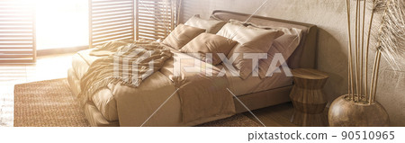 Boho scandinavian style in farmhouse interior. Beige bedroom with natural wooden furniture, shutters and dry plants. 3d rendering. 3d illustration. Boho scandinavian style in farmhouse interior. Beige bedroom with natural wooden furniture, shutters and dry plants. 3d rendering. 3d illustration. 90510965