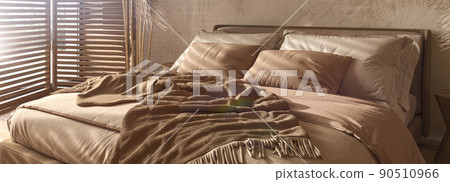 Boho scandinavian style in farmhouse interior. Beige bedroom with natural wooden furniture, shutters and dry plants. 3d rendering. 3d illustration. Boho scandinavian style in farmhouse interior. Beige bedroom with natural wooden furniture, shutters and dry plants. 3d rendering. 3d illustration. 90510966