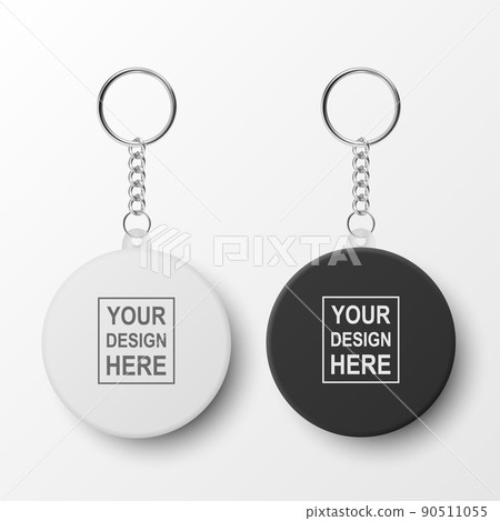 Vector 3d Realistic Blank Black, White Round Keychain with Ring and Chain for Key Isolated on White. Button Badge with Ring Set. Plastic, Metal ID Badge with Chains Key Holder, Design Template, Mockup 90511055