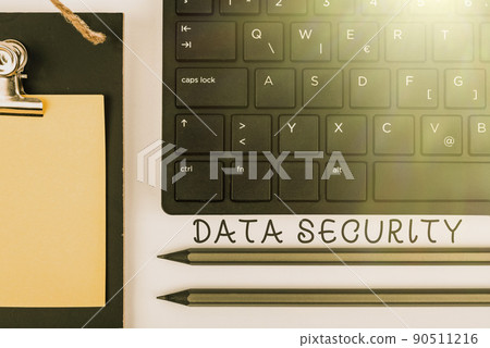Text showing inspiration Data Security. Business showcase Confidentiality Disk Encryption Backups Password Shielding Computer Keyboard And Symbol.Information Medium For Communication. 90511216