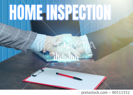 Conceptual caption Home Inspection. Conceptual photo Examination of the condition of a home related property Hands Shaking Signing Contract Unlocking New Futuristic Technologies. Conceptual caption Home Inspection. Conceptual photo Examination of the condition of a home related property Hands Shaking Signing Contract Unlocking New Futuristic Technologies. 90511552