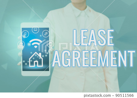 Text caption presenting Lease Agreement. Business overview Contract on the terms to one party agrees rent property Lady Pressing Screen Of Mobile Phone Showing The Futuristic Technology Text caption presenting Lease Agreement. Business overview Contract on the terms to one party agrees rent property Lady Pressing Screen Of Mobile Phone Showing The Futuristic Technology 90511566