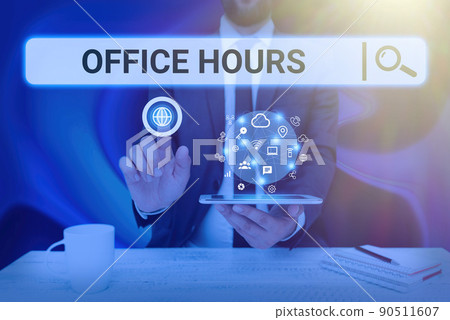 Conceptual caption Office Hours. Conceptual photo The hours which business is normally conducted Working time Man holding Screen Of Mobile Phone Showing The Futuristic Technology. Conceptual caption Office Hours. Conceptual photo The hours which business is normally conducted Working time Man holding Screen Of Mobile Phone Showing The Futuristic Technology. 90511607