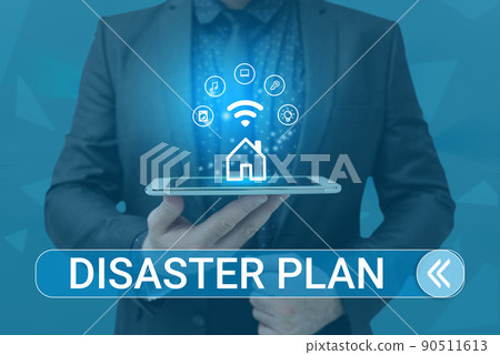 Writing displaying text Disaster Plan. Business approach Respond to Emergency Preparedness Survival and First Aid Kit Man holding Screen Of Mobile Phone Showing The Futuristic Technology. Writing displaying text Disaster Plan. Business approach Respond to Emergency Preparedness Survival and First Aid Kit Man holding Screen Of Mobile Phone Showing The Futuristic Technology. 90511613