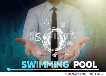 Text caption presenting Swimming Pool. Business idea Structure designed to hold water for leisure activities Businessman in suit holding open palms represents innovative thinking. Text caption presenting Swimming Pool. Business idea Structure designed to hold water for leisure activities Businessman in suit holding open palms represents innovative thinking. 90511617