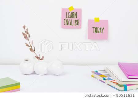 Text sign showing Learn English. Business showcase Universal Language Easy Communication and Understand Tidy Workspace Setup, Writing Desk Tools Equipment, Smart Office 90511631