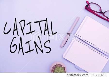Text showing inspiration Capital Gains. Business overview Bonds Shares Stocks Profit Income Tax Investment Funds Flashy School Office Supplies, Teaching Learning Collections, Writing Tools, 90511639