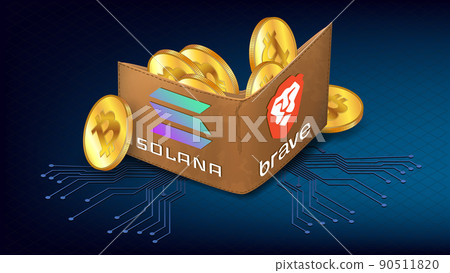 Isometric wallet full of Bitcoin BTC golden coins and logo Brave browser and Solana blockchain on blue. Brave now Integrates with Solana to Expand Web3 Access. Banner for news. 90511820