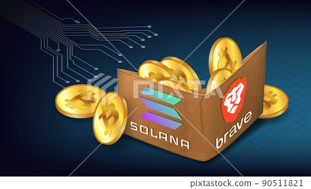 Isometric PCB tracks stretching to wallet full of Bitcoin BTC golden coins and logo Brave browser and Solana blockchain on blue. Brave now Integrates with Solana to Expand Web3 Access. Isometric PCB tracks stretching to wallet full of Bitcoin BTC golden coins and logo Brave browser and Solana blockchain on blue. Brave now Integrates with Solana to Expand Web3 Access. 90511821