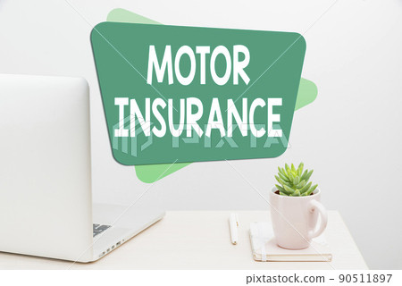 Hand writing sign Motor Insurance. Internet Concept Provides financial compensation to cover any injuries Tidy Workspace Setup, Writing Desk Tools Equipment, Smart Office 90511897