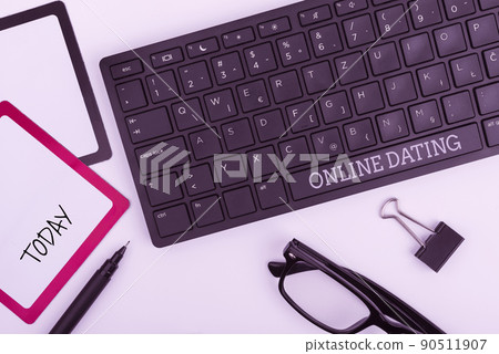 Text showing inspiration Online Dating. Business approach Searching Matching Relationships eDating Video Chatting Computer Keyboard And Symbol.Information Medium For Communication. 90511907
