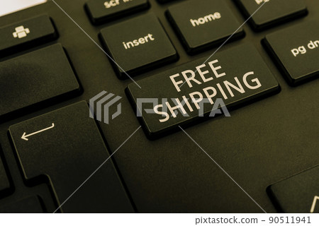 Text showing inspiration Free Shipping. Business concept Freight Cargo Consignment Lading Payload Dispatch Cartage Computer Keyboard And Symbol.Information Medium For Communication. 90511941