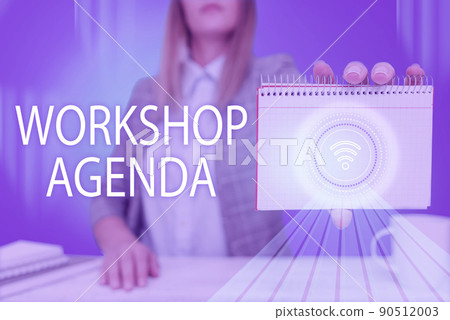 Sign displaying Workshop Agenda. Conceptual photo helps you to ensure that your place stays on schedule Lady Pressing Screen Of Mobile Phone Showing The Futuristic Technology Sign displaying Workshop Agenda. Conceptual photo helps you to ensure that your place stays on schedule Lady Pressing Screen Of Mobile Phone Showing The Futuristic Technology 90512003